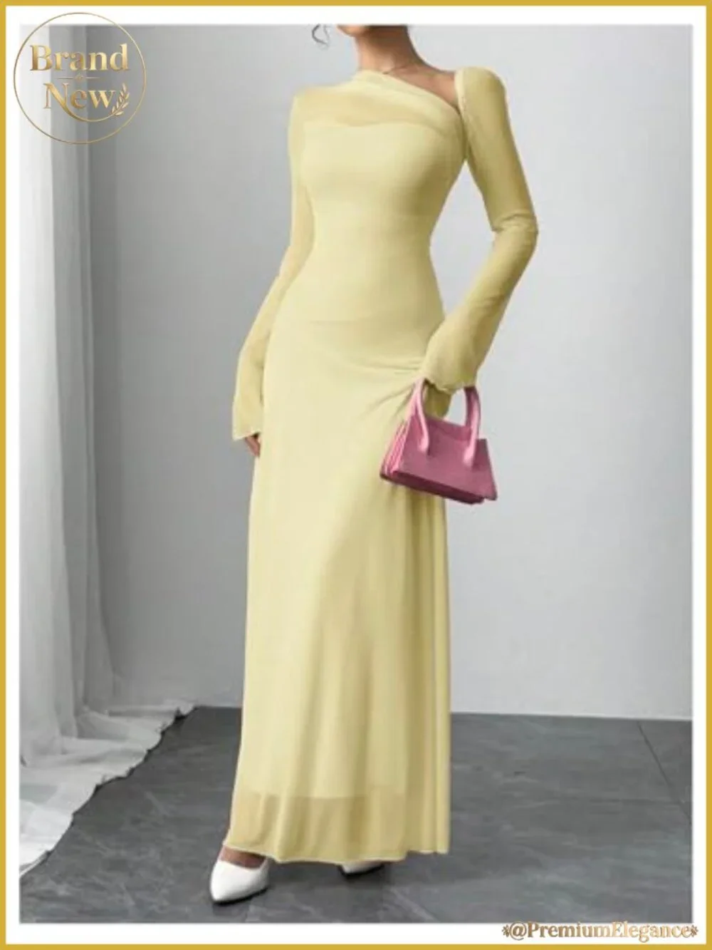 Women's Mesh Sheer Maxi Dress Bell Sleeve Asymmetrical Neck Formal Wedding Guest